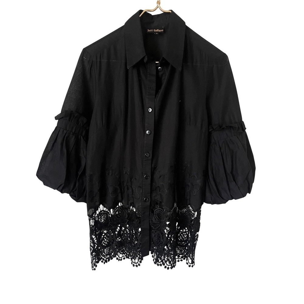 Jeff Gallano Ursula Black Cotton Puff Sleeve Lace Crochet Blouse France size 3